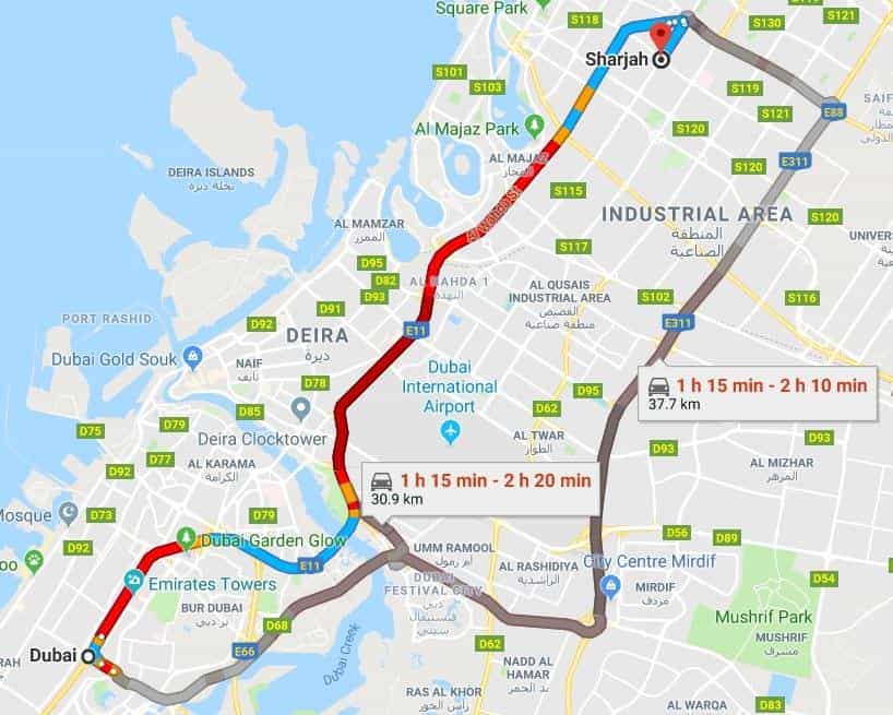 Map of the Dubai Sharjah Region with Estimated Travel Times | موسوعة الشرق الأوسط