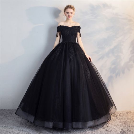 affordable black puffy quincea era prom dresses 2018 ball gown lace flower beading pearl tassel off the shoulder backless short sleeve floor length long formal dresses | موسوعة الشرق الأوسط