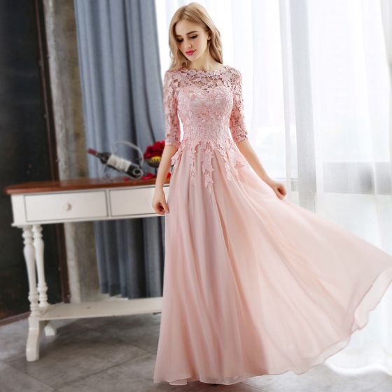 affordable pearl pink evening dresses 2018 a line princess lace appliques crystal scoop neck 3 4 sleeve floor length long formal dresses | موسوعة الشرق الأوسط