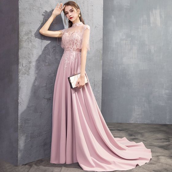 luxury gorgeous candy pink see through evening dresses 2019 a line princess high neck sleeveless appliques lace beading tassel sweep train ruffle backless formal dresses | موسوعة الشرق الأوسط