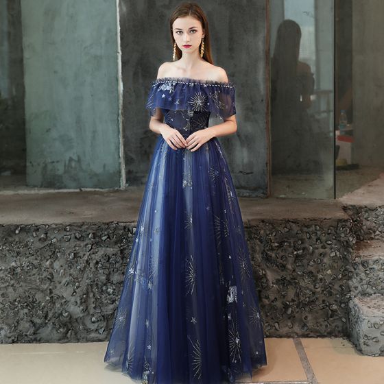 modern fashion royal blue evening dresses 2019 a line princess beading glitter sequins off the shoulder backless short sleeve floor length long formal dresses | موسوعة الشرق الأوسط