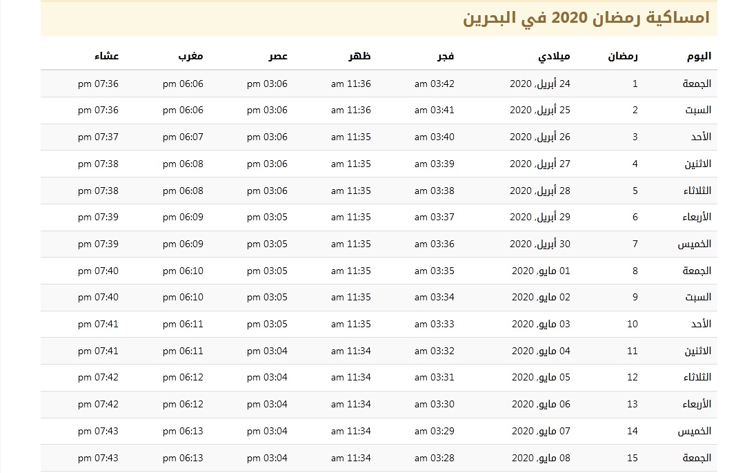 إمساكية رمضان 2020 في البحرين 1441 | موسوعة الشرق الأوسط