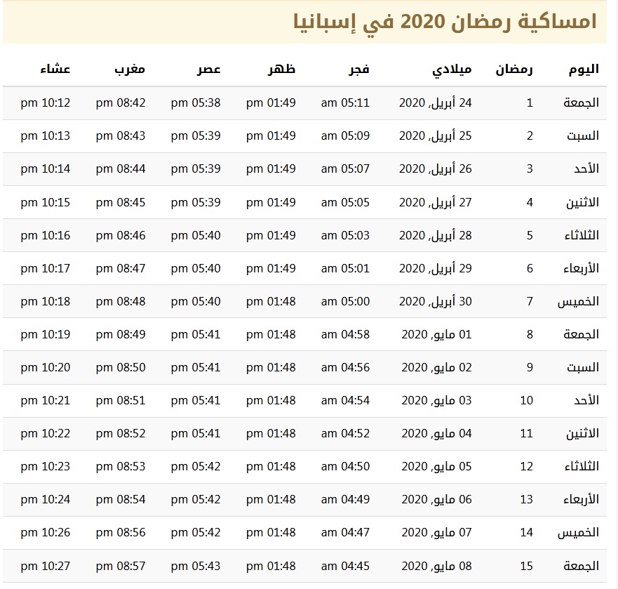 امساكية رمضان 2020 في إسبانيا 14411 | موسوعة الشرق الأوسط