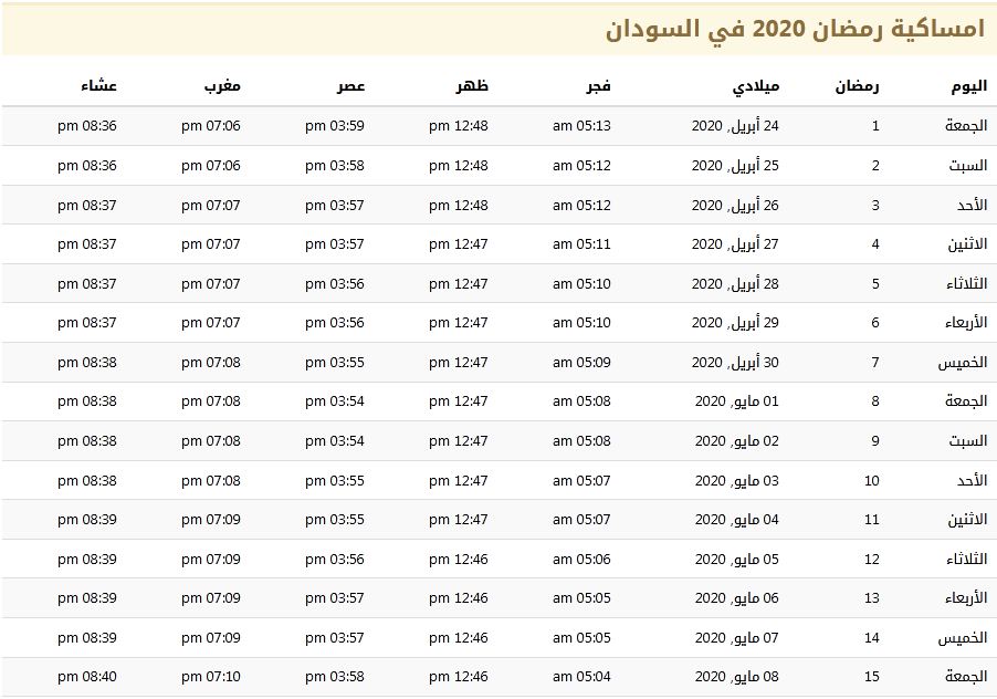 امساكية رمضان 2020 في السودان 1441 | موسوعة الشرق الأوسط