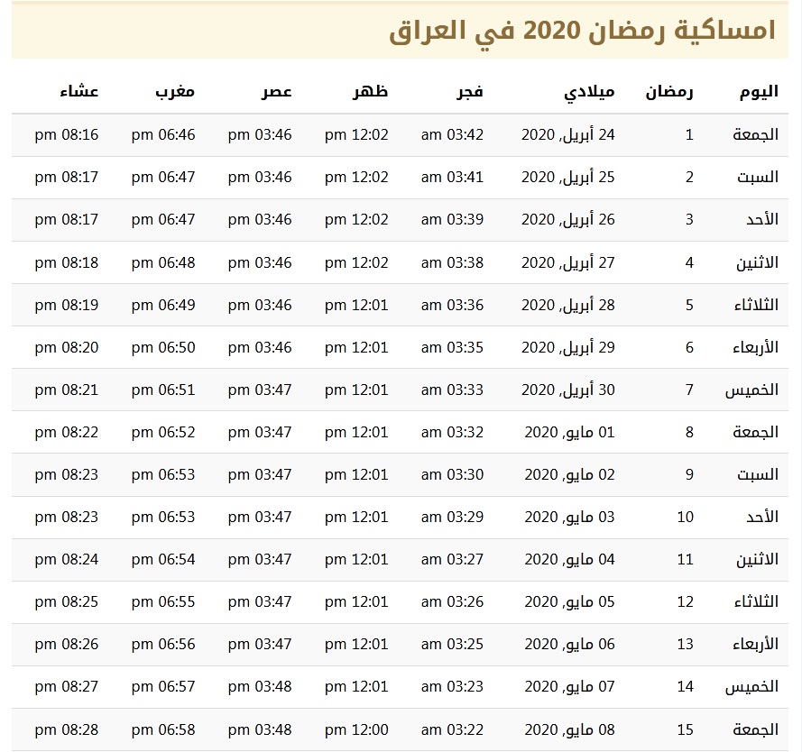 امساكية رمضان 2020 في العراق 1441 2 | موسوعة الشرق الأوسط