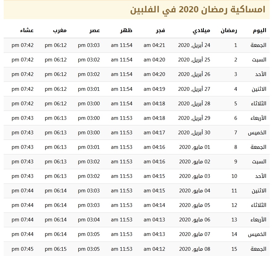 امساكية رمضان 2020 في الفلبين 1441 2 | موسوعة الشرق الأوسط