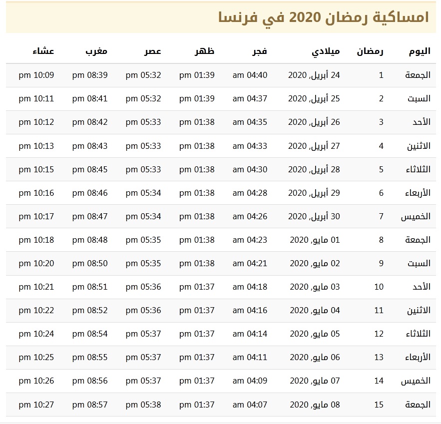 امساكية رمضان 2020 في فرنسا 1441 2 | موسوعة الشرق الأوسط