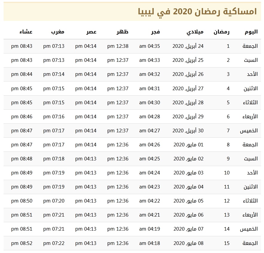 امساكية رمضان 2020 في ليبيا 1441 2 | موسوعة الشرق الأوسط