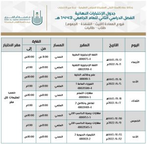 جدول اختبارات الفصل الدراسي الثاني بجامعة أم القرى | موسوعة الشرق الأوسط